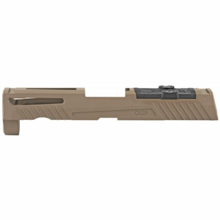 Grey Ghost Precision Stripped Slide, For Sig P320 Compact, Dual Optic Cutout Compatible With Leupold DeltaPoint Pro, Trijicon RMR, Or Sig Romeo1 With Supplied Shim Plate (Correct Length screws Included), Comes With A Custom G10 Cover Plate And Proper Screws For Use Without Optic Installed, Version 1 Slide Pattern, FDE Cerakote Finish GGP320-C-FDE-1